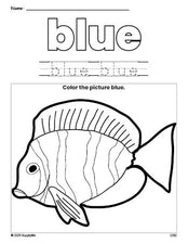 Free fish color blue coloring page and color worksheet, blue worksheet for preschoolers to learn colors, printable PDF