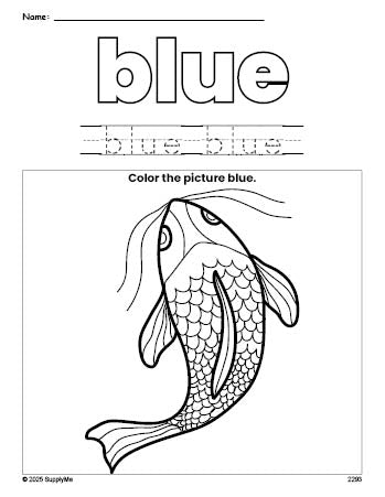 Free fish color blue coloring page and color worksheet, blue worksheet for preschoolers to learn colors, printable PDF