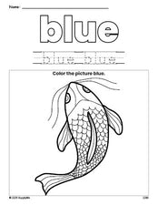 Free fish color blue coloring page and color worksheet, blue worksheet for preschoolers to learn colors, printable PDF