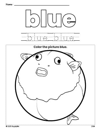 Free fish color blue coloring page and color worksheet, blue worksheet for preschoolers to learn colors, printable PDF