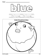 Free fish color blue coloring page and color worksheet, blue worksheet for preschoolers to learn colors, printable PDF