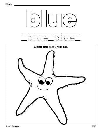 Free fish color blue coloring page and color worksheet, blue worksheet for preschoolers to learn colors, printable PDF