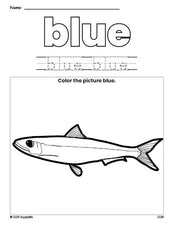 Free fish color blue coloring page and color worksheet, blue worksheet for preschoolers to learn colors, printable PDF