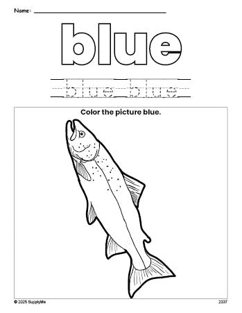 Free fish color blue coloring page and color worksheet, blue worksheet for preschoolers to learn colors, printable PDF