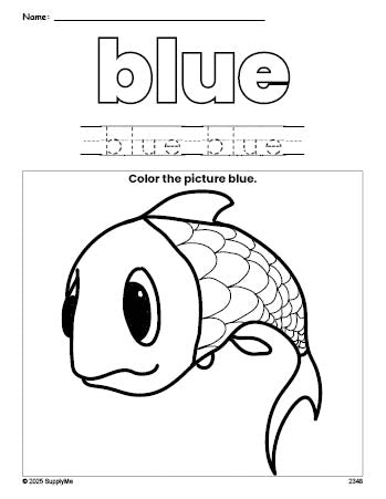 Free fish color blue coloring page and color worksheet, blue worksheet for preschoolers to learn colors, printable PDF