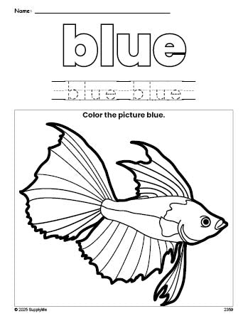 Free fish color blue coloring page and color worksheet, blue worksheet for preschoolers to learn colors, printable PDF