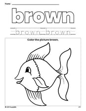 Free fish color brown coloring page and color worksheet, brown worksheet for preschoolers to learn colors, printable PDF