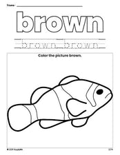 Free fish color brown coloring page and color worksheet, brown worksheet for preschoolers to learn colors, printable PDF