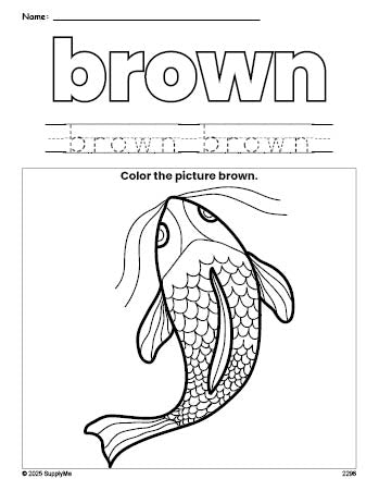 Free fish color brown coloring page and color worksheet, brown worksheet for preschoolers to learn colors, printable PDF