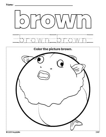 Free fish color brown coloring page and color worksheet, brown worksheet for preschoolers to learn colors, printable PDF