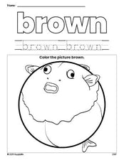 Free fish color brown coloring page and color worksheet, brown worksheet for preschoolers to learn colors, printable PDF