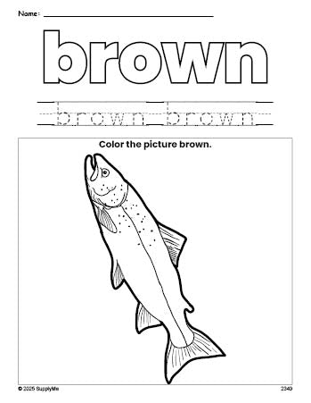 Free fish color brown coloring page and color worksheet, brown worksheet for preschoolers to learn colors, printable PDF