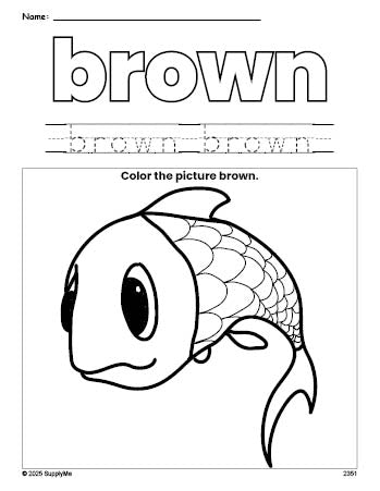 Free fish color brown coloring page and color worksheet, brown worksheet for preschoolers to learn colors, printable PDF