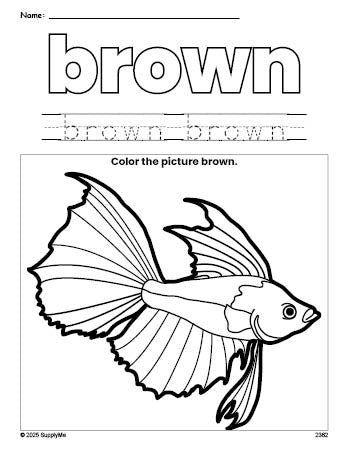 Free fish color brown coloring page and color worksheet, brown worksheet for preschoolers to learn colors, printable PDF