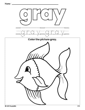 Free fish color gray coloring page and color worksheet, gray worksheet for preschoolers to learn colors, printable PDF