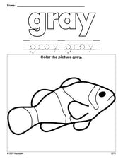 Free fish color gray coloring page and color worksheet, gray worksheet for preschoolers to learn colors, printable PDF