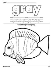 Free fish color gray coloring page and color worksheet, gray worksheet for preschoolers to learn colors, printable PDF