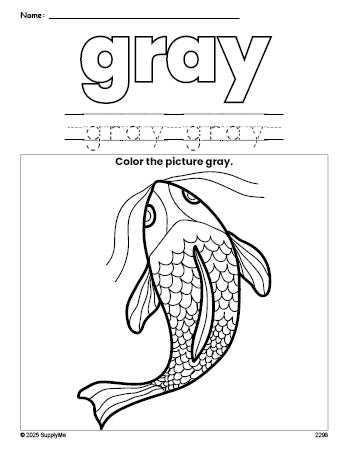 Free fish color gray coloring page and color worksheet, gray worksheet for preschoolers to learn colors, printable PDF