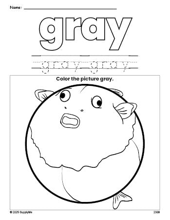 Free fish color gray coloring page and color worksheet, gray worksheet for preschoolers to learn colors, printable PDF