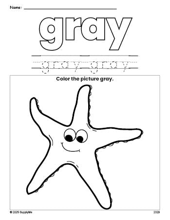 Free fish color gray coloring page and color worksheet, gray worksheet for preschoolers to learn colors, printable PDF