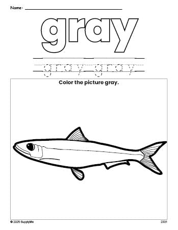 Free fish color gray coloring page and color worksheet, gray worksheet for preschoolers to learn colors, printable PDF