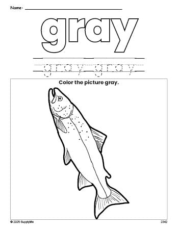 Free fish color gray coloring page and color worksheet, gray worksheet for preschoolers to learn colors, printable PDF