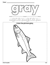 Free fish color gray coloring page and color worksheet, gray worksheet for preschoolers to learn colors, printable PDF