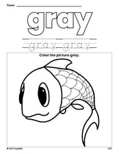 Free fish color gray coloring page and color worksheet, gray worksheet for preschoolers to learn colors, printable PDF