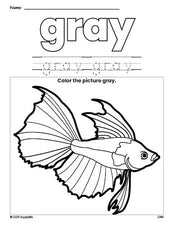 Free fish color gray coloring page and color worksheet, gray worksheet for preschoolers to learn colors, printable PDF