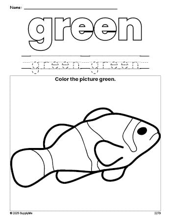 Free fish color green coloring page and color worksheet, green worksheet for preschoolers to learn colors, printable PDF