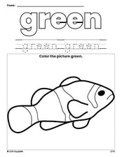 Free fish color green coloring page and color worksheet, green worksheet for preschoolers to learn colors, printable PDF