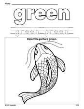 Free fish color green coloring page and color worksheet, green worksheet for preschoolers to learn colors, printable PDF