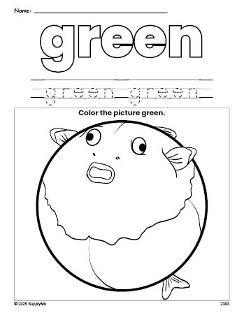 Free fish color green coloring page and color worksheet, green worksheet for preschoolers to learn colors, printable PDF