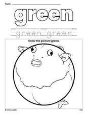 Free fish color green coloring page and color worksheet, green worksheet for preschoolers to learn colors, printable PDF