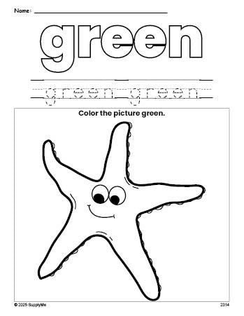 Free fish color green coloring page and color worksheet, green worksheet for preschoolers to learn colors, printable PDF