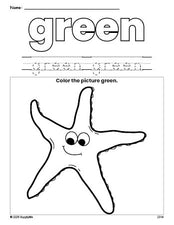 Free fish color green coloring page and color worksheet, green worksheet for preschoolers to learn colors, printable PDF