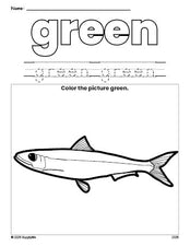 Free fish color green coloring page and color worksheet, green worksheet for preschoolers to learn colors, printable PDF