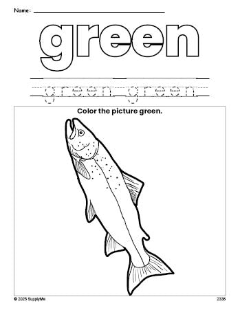 Free fish color green coloring page and color worksheet, green worksheet for preschoolers to learn colors, printable PDF