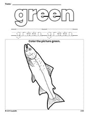 Free fish color green coloring page and color worksheet, green worksheet for preschoolers to learn colors, printable PDF