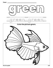 Free fish color green coloring page and color worksheet, green worksheet for preschoolers to learn colors, printable PDF