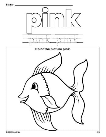 Free fish color pink coloring page and color worksheet, pink worksheet for preschoolers to learn colors, printable PDF