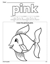 Free fish color pink coloring page and color worksheet, pink worksheet for preschoolers to learn colors, printable PDF