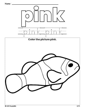 Free fish color pink coloring page and color worksheet, pink worksheet for preschoolers to learn colors, printable PDF