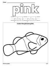 Free fish color pink coloring page and color worksheet, pink worksheet for preschoolers to learn colors, printable PDF