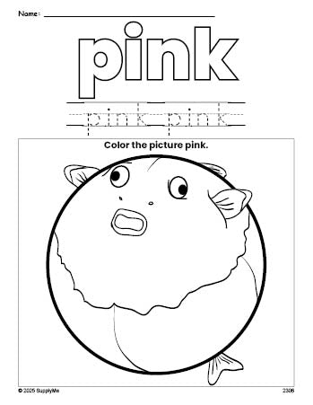 Free fish color pink coloring page and color worksheet, pink worksheet for preschoolers to learn colors, printable PDF