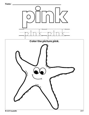 Free fish color pink coloring page and color worksheet, pink worksheet for preschoolers to learn colors, printable PDF