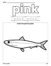 Free fish color pink coloring page and color worksheet, pink worksheet for preschoolers to learn colors, printable PDF