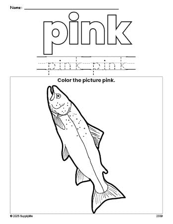 Free fish color pink coloring page and color worksheet, pink worksheet for preschoolers to learn colors, printable PDF