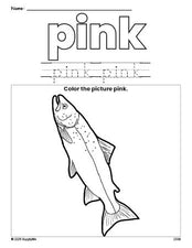 Free fish color pink coloring page and color worksheet, pink worksheet for preschoolers to learn colors, printable PDF