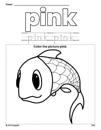 Free fish color pink coloring page and color worksheet, pink worksheet for preschoolers to learn colors, printable PDF